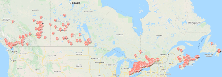 Map of Dumpster Bin Rental Service Coverage in Canada